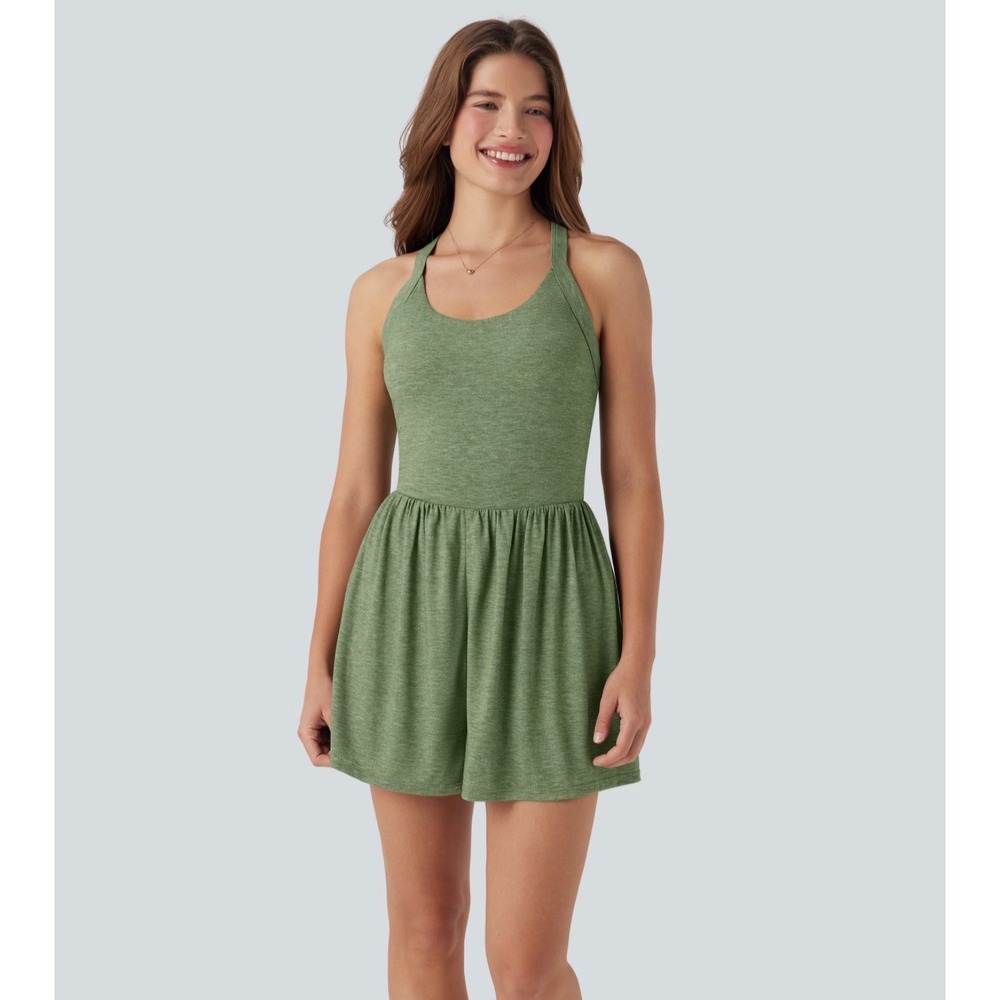 Halara Easy Peezy Padded 2-in-1 Romper Dress Green Heather Pockets Small